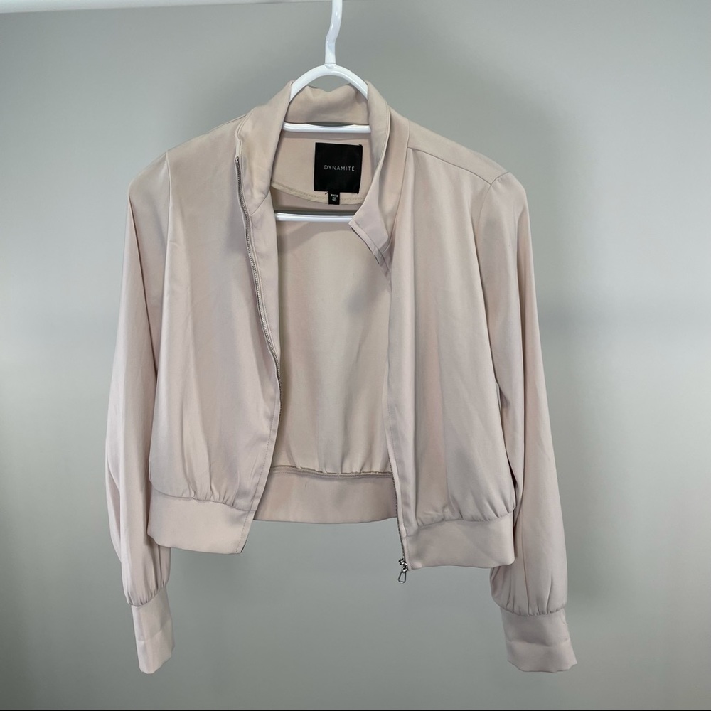 Blush, dressy bomber style jacket with collar and zipper from Dynamite Clothing